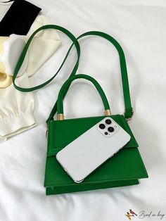 BirdinBag - Adjustable Strap Mini Flip Cover Handbag - New Fashion Statement Green Double Handle Satchel With Mobile Phone Bag, Green Top Handle Satchel With Phone Bag, Green Square Shoulder Bag With Top Carry Handle, Green Square Baguette Bag For Daily Use, Green Square Shoulder Bag With Top Handle, Green Rectangular Flap Bag For Shopping, Green Square Bag With Detachable Handle, Green Flap Bag With Double Handle For Everyday Use, Green Handheld Mobile Phone Box Bag