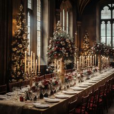 a long table is set up with christmas decorations and candles for an elegant holiday dinner