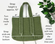 a crochet bag is shown with measurements