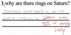 a handwritten note that says, why are there rings on saturn? because god liked it so he put a ring in it