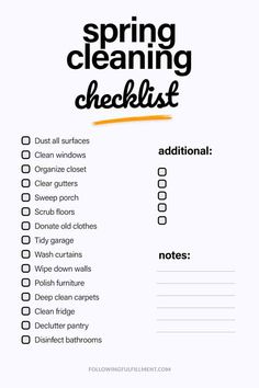 the spring cleaning checklist is shown in black and white, with orange writing on it