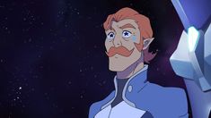 an animated man with red hair and a moustache on his face in front of a space background