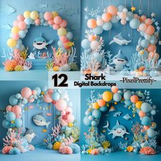 some balloons are hanging from the ceiling in front of an ocean scene with dolphins, sharks and corals