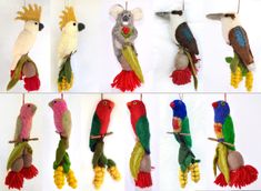 several different kinds of birds hanging from strings