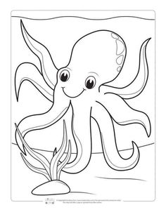 an octopus is swimming in the ocean coloring page