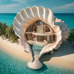 an unusual shell shaped house on the beach