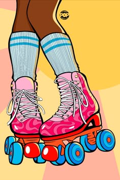 Digital drawing in pop art style of vintage roller skates. The girl wears them with striped blue socks. The roller skates have pink, red, orange patterns and the wheels are blue. Roller Skate Painting Ideas, Rollerblades Drawing, Roller Skating Illustration, Roller Skating Art, Roller Skate Art, Roller Boogie, Roller Derby Art, Retro Socks, 80’s Toys