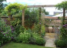 an outdoor garden with lots of plants and flowers