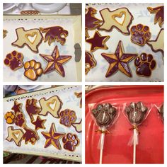 four different pictures of decorated cookies and candies in the shape of stars, hearts, and paw prints