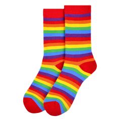 These vibrant and colorful socks will make every day brighter! Pair them with shorts, jeans, skirts or just wear them with pajamas! These socks will just make you smile and they may even make you start dancing when no one is looking! 70% cotton, 25% polyester, 5% spandex Sock size: 9-11 Shoe size: 4-10 Machine wash, tumble dry low Pride Socks, Rainbow Socks, Womens Shoe, Mens Crew Socks, Duffel Bag Backpack, Funny Socks, Duffel Bag Travel, Striped Socks, Novelty Socks