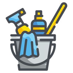 a bucket filled with cleaning supplies on top of a white background