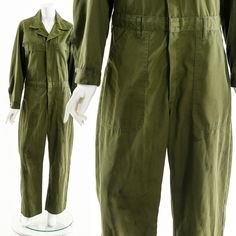 Vintage Jumpsuits And Rompers For Workwear, Vintage Fitted Jumpsuits And Rompers With Pockets, Vintage Green Cotton Jumpsuits And Rompers, Vintage Fitted Long Sleeve Overalls, Military Jumpsuit, Mechanic Coveralls, Vintage Mechanics, Jumpsuit Vintage