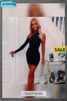 Women's Autumn and Winter Sexy One Shoulder Long Sleeve Bodycon Dress Slim Fit Bodycon Dress For Going Out, Slim Fit Mini Bodycon Dress For Going Out, Going Out Slim Fit Mini Bodycon Dress, One-shoulder Stretch Bodycon Dress For Club, One Shoulder Stretch Bodycon Dress For Club, One Shoulder Stretch Bodycon Club Dress, Flirty Bodycon Dress For Going Out, One Shoulder Stretch Bodycon Dress For Night Out, Trendy Slim Fit Bodycon Dress For Date Night