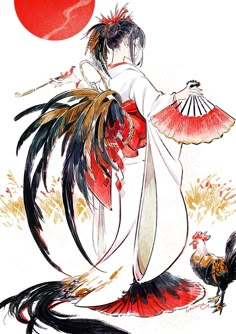 Kimono/Yukata with feathers Traditional Dress, 그림 그리기, Chinese Art, Asian Art, Character Design Inspiration, Japanese Art, Manga Art, Amazing Art, Art Girl