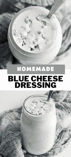 homemade blue cheese dressing in a glass jar with a spoon on the side and text overlay that reads homemade blue cheese dressing