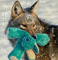 a wolf holding a green teddy bear in its mouth with stars and shapes around it