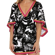 Follow The Sound Of The Blender To The Bar In This Cover-Up Dress Created In A Bold Black-And-White Botanical Print With Gradient-Striped Accents. Deep V-Neck Elbow-Length Sleeves 88% Nylon, 12% Spandex Hand Wash, Line Dry Imported Black Tropical Dress For Beach Season, Black Tropical Beach Season Dress, Black Floral Print Dresses For Beach Season, Black V-neck Tropical Dress, Black Floral Print Beachwear Dress, Black Floral Print Beach Dress, Black Tropical Print Dress For Vacation, Black Dresses With Tropical Print For Vacation, Black Tropical Dress For Spring