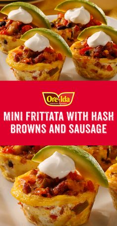 mini frittata with hash browns and sausage are on a white plate topped with sour cream