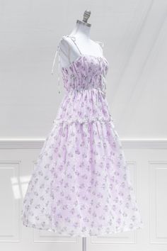 Floral Lavender Dress, Purple Sundress, Once Upon A Dream, Tea Length Skirt, Floral Overlay, Floaty Dress, French Girl Style, Lavender Dresses, Floral Print Midi Dress