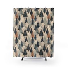 a shower curtain with trees printed on the front and back, all in different colors