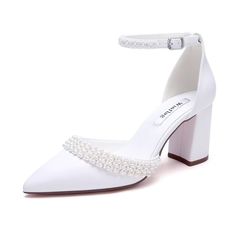 white high heeled shoes with pearls on the toe and ankle strap, side view