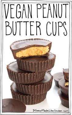 vegan peanut butter cups stacked on top of each other with the title overlay