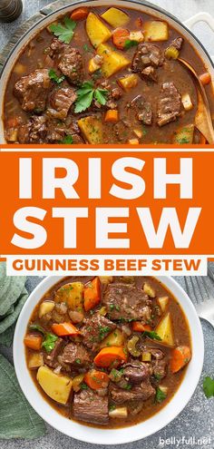 irish stew with guinness beef and potatoes in a white bowl on top of a table