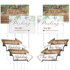 four wooden signs with arrows pointing in different directions and the words wedding, this way