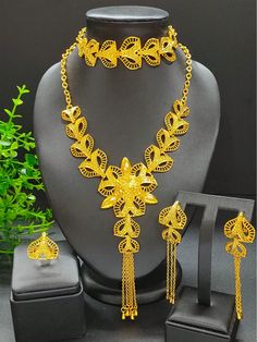 1set Fashionable Tassel Design Gold-Plated Women's Alloy Jewelry Set With Necklace & Earrings, Perfect For Wedding, Party And Holiday Gift Yellow Gold         Women Fashion Jewelry, size features are:Bust: ,Length: ,Sleeve Length: Gold Earrings Models, Gold Bridal Jewellery Sets, African Necklace, Gold Jewelry Sets, Jewellery Sketches, Women's Jewelry Sets, Gold Jewelry Necklace, Bridal Gold Jewellery Designs, Gold Collar