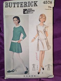 SALE   15% OFF THE PURCHASE OF TWO OR MORE PATTERNS - AND FREE U.S.A. SHIPPING WITH A $25.00 PURCHASE UP TO 3 (THREE) PATTERNS SHIP TO CANADA* FOR THE 1ST SHIPPING FEE BRAND and PATTERN # - Butterick #4578 DESIGNER - Mary Quant or London DATE - circa 1967 Copyright SIZE - Vintage Misses' 12 or Approx. Contemporary Misses' Size 10 MEASUREMENTS - USA - Bust 32 Inches Waist 25 Hip 34  or CANADA - Bust 81 Waist 64 Hip 87 CONDITION - Good used with all original cut tissue pieces and instructions included. The skirt pieces have been cut to the above knee length and the sleeve piece has been cut to the short length and the cut-off extension for the long length IS INCLUDED. In a protective sleeve because the envelope is fragile. STYLE - Mod Dress: Rounded Neckband, Low Waist, Skirt Pleated at Side Mary Quant Dress, Butterick Patterns Vintage, Pleated Skirt Short, Mary Quant, Butterick Pattern, 1960's Dress, Skirt Short, Mod Dress, Dress Mini