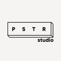 the logo for pstr studio is shown in black and white, with an arrow pointing to