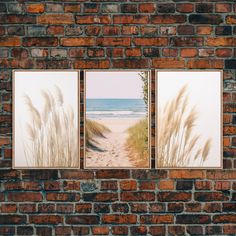 three paintings on a brick wall depicting the beach and sand dunes with sea oats in foreground