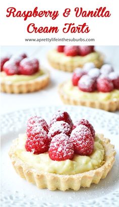 raspberry and vanilla cream tarts on a white plate with text overlay