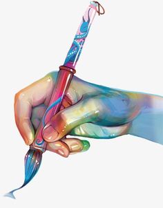 a person holding a pen in their left hand and writing on it with colored ink