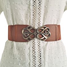 Womens Wide Vintage Style Antique Gold Spirals Buckle Brown Vegan Leather Elegant Corset Cinch Elastic Stretch Waist Dress Belt, New No Tags Stretches To Fit Your Waist Black Vegan Leather And Elastic Material Beautiful Fashion Accessory, Can Be Worn For Dressed Up Occasions: Birthday, Wedding, Cocktail Party, Gala, Or Casual Occasions Such As At Work At The Office, For Dinner Etc Versatile, Cinches Your Silhouette Length Is 36" Laying Flat Unstretched, Width 2.4". Fits Waist Sizes 38" To 45" (S Buckle Corset, Elegant Corset, Harley Davidson Belts, Wedding Cocktail Party, Cloth Belt, Wide Leather Belt, Wedding Cocktail, Suede Belt, Wide Waist