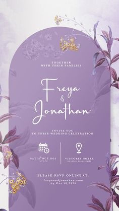 a wedding card with purple flowers and leaves