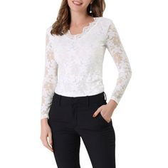 Made from lightweight semi-sheer fabric in a fitting silhouette, this elegant lace blouse from Allegra K is designed with lace trim and full sleeves, which is an effortless option for weddings, night out, or party. This lace shirt is fashioned with a flattering deep V-neckline and feminine long sleeves. Scalloped lace trim and lace panel is adding a romantic feeling to this stretchy blouse, especially for teens, girls, or ladies. Occasion: Wedding, Date, Night Out, Club, Cocktail, Evening Party, Cheap Fitted Blouse With Lace Trim, Elegant Long Sleeve Lace Top With Patchwork, Elegant Long Sleeve Lace Patchwork Top, White V-neck Lace Top With Lace Sleeves, Sheer Stretch Lace Top, Scalloped Lace Tops, Delicate Lace V-neck Top, Spring Formal Lace Patchwork Top, Spring V-neck Top With Scalloped Lace