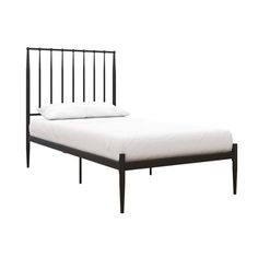 a black metal bed frame with white sheets and pillows on the headboard, against a white background