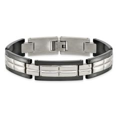 Dapper Sophistication! This Two-Tone Grooved Link Bracelet Is Created From Stainless Steel And Black Plating. It Is Approximately 12mm (7/16 Inch) In Width By 8.5 Inches In Length, Which Includes The Fold Over Clasp. This Item Has An Approximate Weight Of 60.65 Grams. Mens Bracelet Fashion, Wrist Accessories, Mens Items, Stainless Steel Polish, Bow Jewelry, The Fold, Black Plates, Mens Jewelry Bracelet, Jewelry Companies