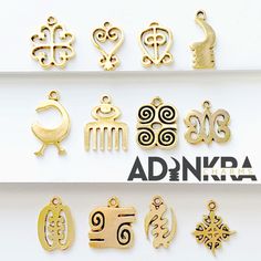 "NOW INCLUDES AKOBEN** These Antique Gold Adinkra Charms are perfect for personalizing a bracelet or necklace or they are light enough for earrings! Every charm is made right here in the United States, free of nickel, lead and cadmium. This set includes- 2 of the following charms - Sankofa - Sankofa Bird - Dwennimmen - Gye Nyame - Odo Nnyew Fie Kwan - Funtunfunefu-Denkyemfunefu - Duafe - Hye Won Hye - Nyame Dua - ESE NE TEKREMA - KWATAKYE ATIKO - AKOBEN Size: 3/4\" x 3/4\"" Unique Handmade Gold Charms, Handmade Gold Spiritual Charms, Handmade Gold Symbolic Charms, Symbolic Handmade Gold Charms, Handmade Symbolic Gold Charms, Gold Bohemian Charms For Gifts, Bohemian Gold Charms For Gifts, Handmade Gold Charms For Crafting, Customizable Symbolic Gold Jewelry