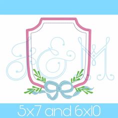 the 5x7 and 6x10 embroidery design is shown in pink, blue, and white