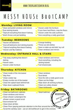 the messy house boot camp flyer is shown in yellow and black, with instructions on how to