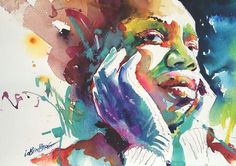 a watercolor painting of a woman talking on the phone with her hand to her ear