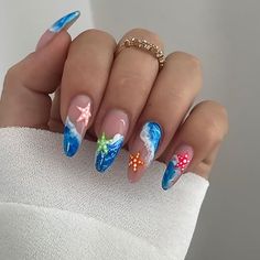 【Ocean Waves Glue on Nails Kit】: There are 24pcs of medium almond artificial finger nails 12different sizes, 1 mini nail file, 1 small wooden stick, 1 nail sticker in the package.(Jelly glue doesn't last as long as liquid glue, but it can make fake nails reusable. Please use suitable glue according to different occasions).
【Easy to Use】: Choose the suitable ocean waves fake nails, polish the nail bed, paste the jelly glue we give you, press the fashion nail art in 30 seconds, and create the nail art that girls like,If the size is not suitable, it can be polished to the size of the nail cap with a friction tool.
【High-Quality Material】:Starfish press on nails is made of high-quality ABS acrylic material. It is odorless,not easy to fade. It is harmless to your body and nails, and supplies yo Fake Nails Summer, Press On Nails Medium, Medium Almond, Almond Shape Nails, Nail Art Set, Y2k Nails, Nails Medium, Almond Nail