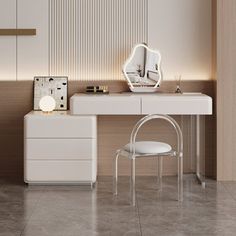 a white desk with a mirror and chair next to it in a room that has beige walls