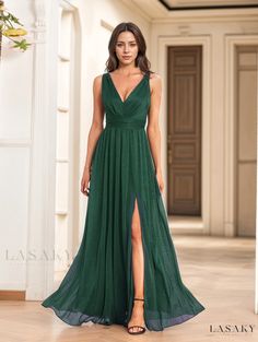 Lasaky - Illuminating Chiffon Sleeves Evening Dress with Double Collar - Perfect for Bridesmaid Parties and Formal Occasions Wedding Guest Dresses Long, Evening Gowns With Sleeves, Bridesmaid Party, Womens Prom Dresses, Party Kleidung, Evening Gowns Elegant, Empire Dress, Vestido Casual, Elegant Dress