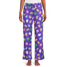 Magically comfortable! Kick back, relax and lounge away with Lucky Charms Sleep Pants featuring colorful prints of the iconic marshmallows. Super-soft for added comfort, these womens sleep pants are highlighted by an easy-going, pull-on style with an elasticized waist and drawstring for a cozy fit. Size: XL (16-18).  Color: Purple.  Gender: female.  Age Group: adult.  Pattern: graphic. Casual Multicolor Sleep Bottoms, Multicolor Elastic Waistband Sleepwear For Lounging, Casual Purple Sleep Pants, Playful Multicolor Bottoms For Sleep, Playful Multicolor Sleep Bottoms, Womens Pajamas Pants, Pajama Pant, Sleep Pants, Lucky Charms