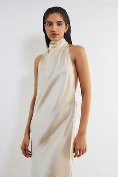 Ivory backless gown with a high cowl neck in satin base. - Aza Fashions Backless Gown, Ivory Gown, Gown Pattern, Ladies Gown, Gowns Online, Satin Color, Maxi Gowns, Cowl Neck, Aza Fashion