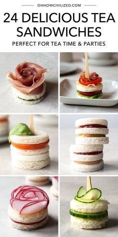 four different sandwiches are shown with the words, 24 delicious tea sandwiches perfect for tea time and parties