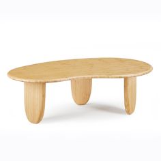 an oval wooden table with two legs and a curved design on the top, against a white background